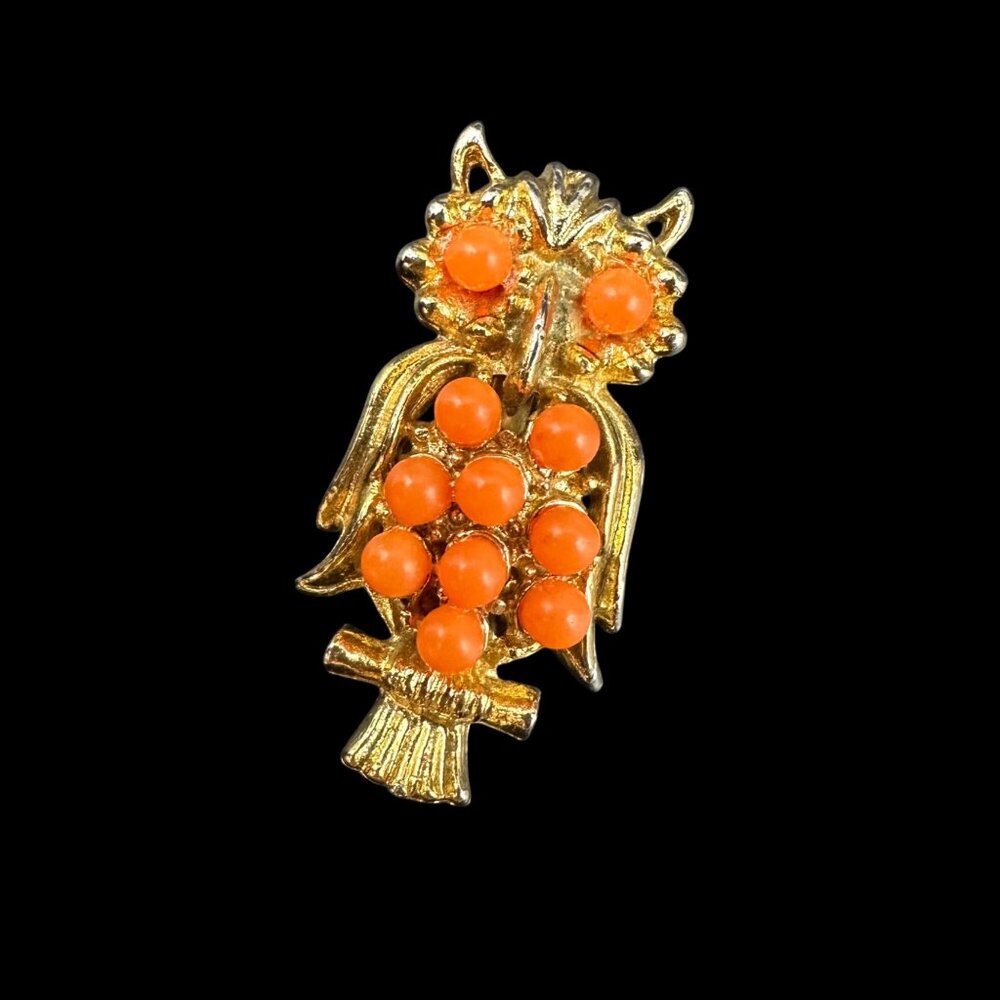 Vintage Owl Brooch Pin Orange Beads Gold Tone Whimsical Retro Jewelry Kitschy